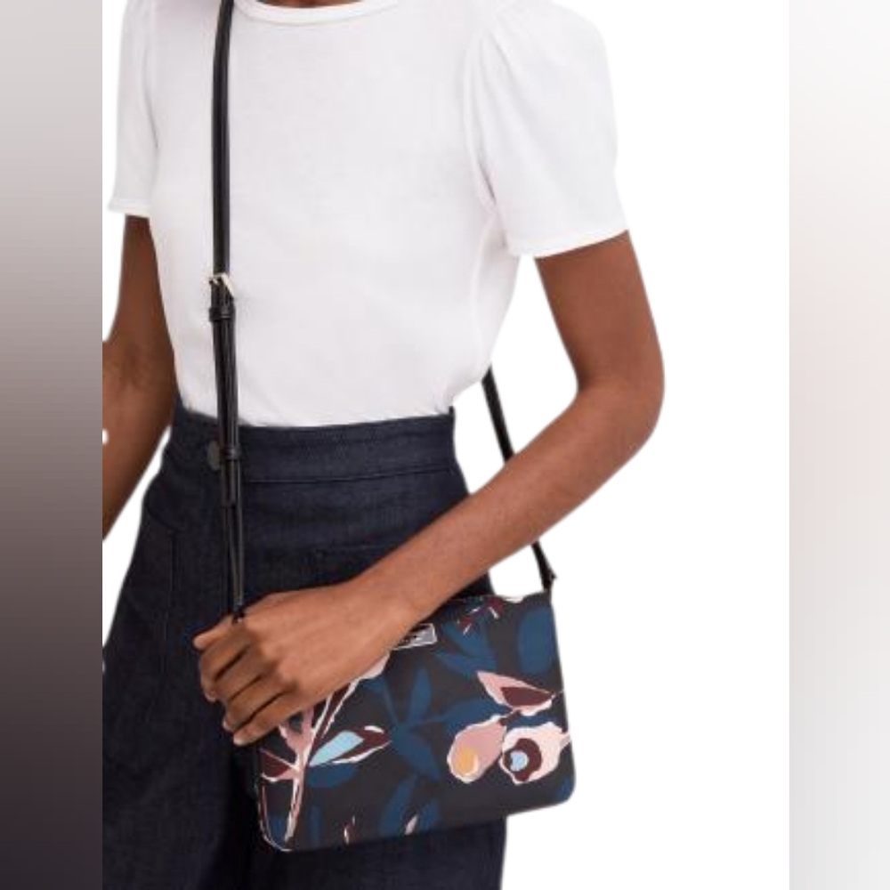 🐻KATE SPADE Dawn Paper Rose Triple Gusset Crossbody in Black Floral - Picture 2 of 16